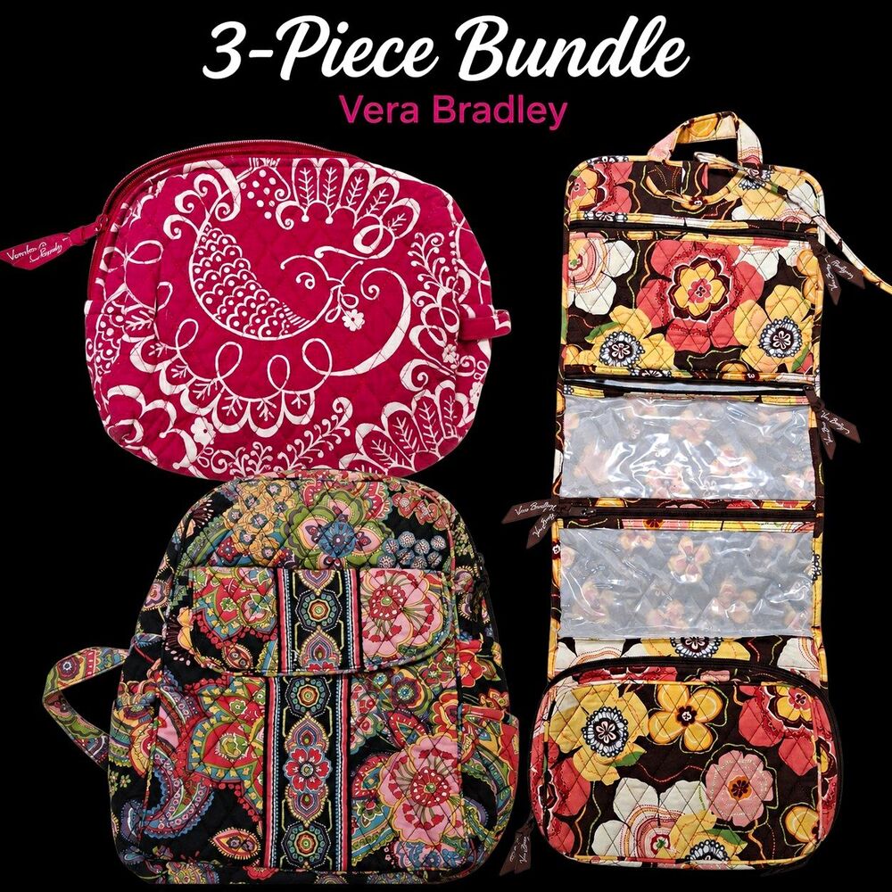 Vera Bradley 3 Piece Bundle Backpack Hanging Travel Organizer Cosmetic Bag